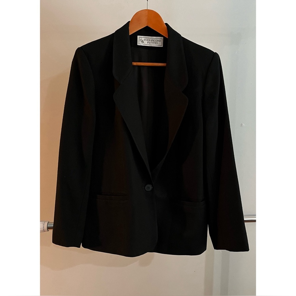 100% WOOL shell Vintage Evan Picone Petites Black Blazer